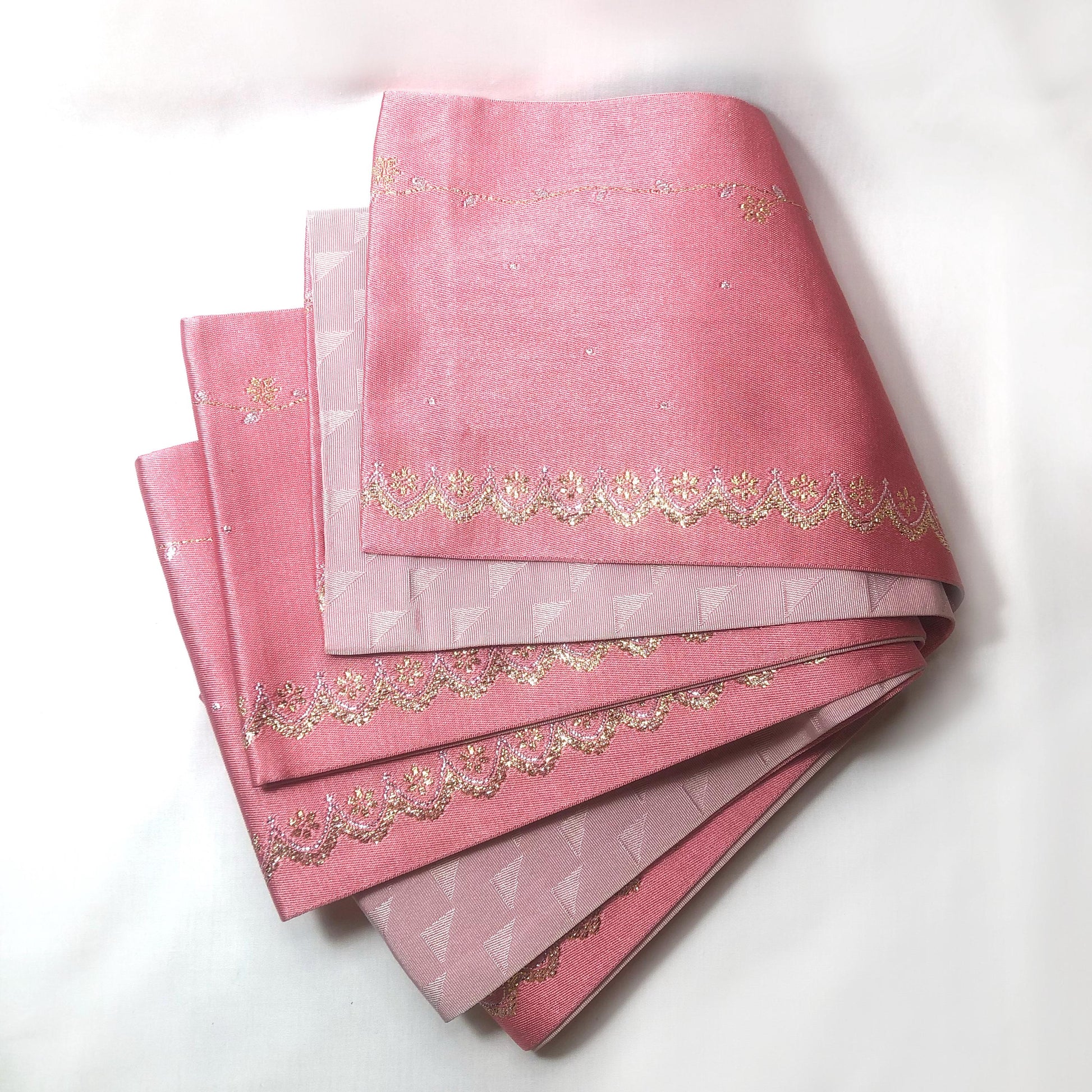 Reversible Japanese hanhaba obi - red and yellow with auspicious symbols