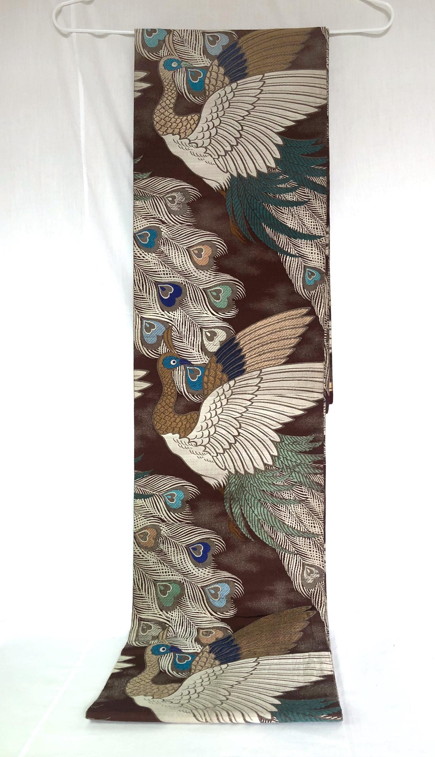 Vintage Japanese maru obi - brown, teal, and white peacocks