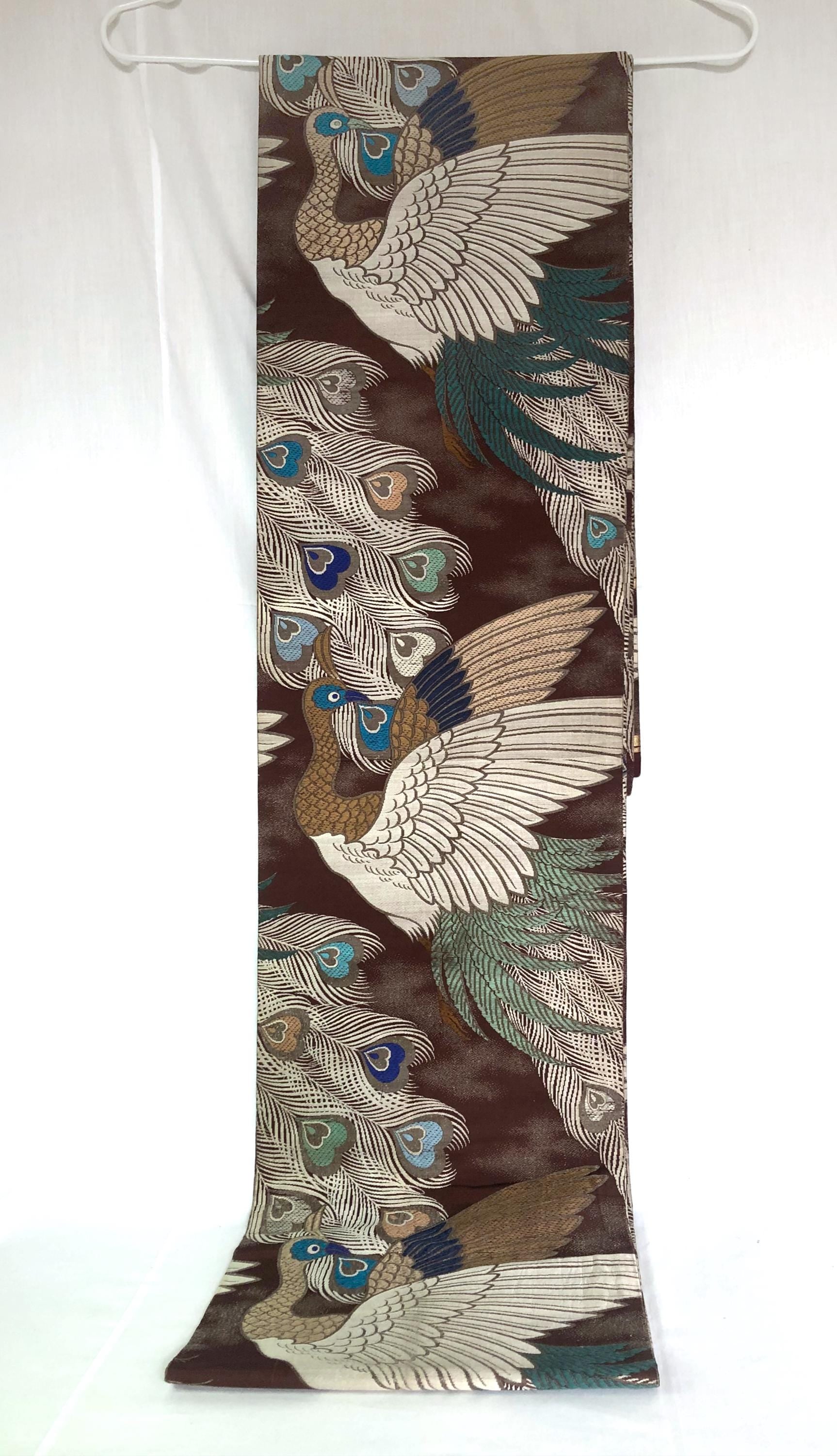 Vintage Japanese maru obi - brown, teal, and white peacocks