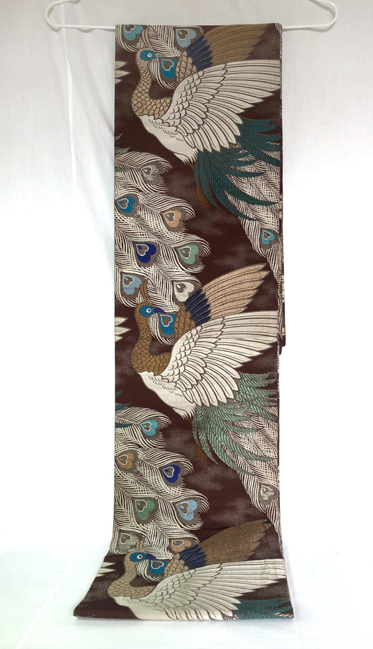 Vintage Japanese maru obi - brown, teal, and white peacocks