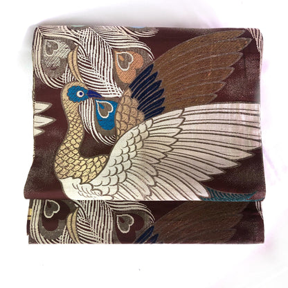 Vintage Japanese maru obi - brown, teal, and white peacocks