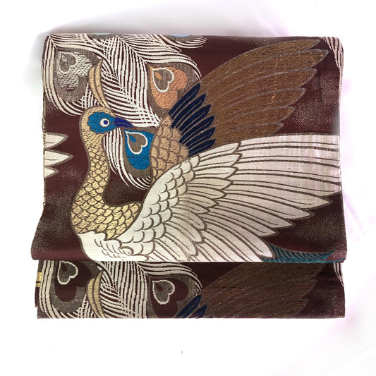Vintage Japanese maru obi - brown, teal, and white peacocks
