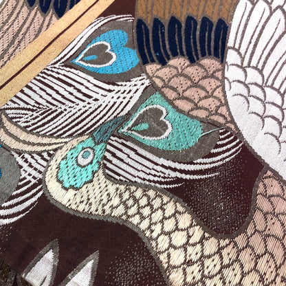Vintage Japanese maru obi - brown, teal, and white peacocks