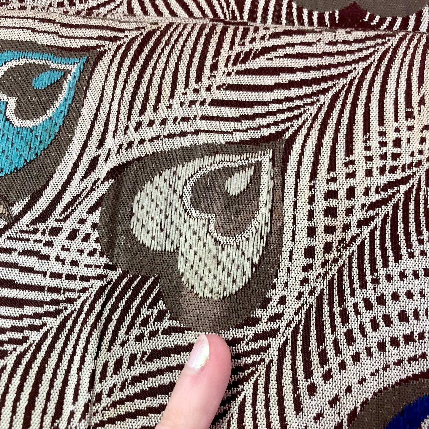 Vintage Japanese maru obi - brown, teal, and white peacocks