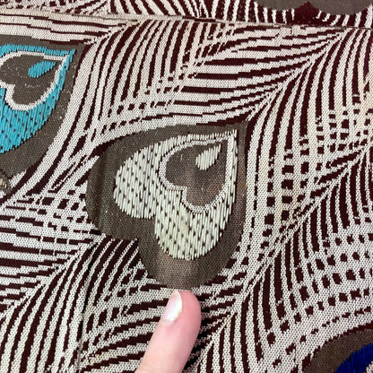 Vintage Japanese maru obi - brown, teal, and white peacocks