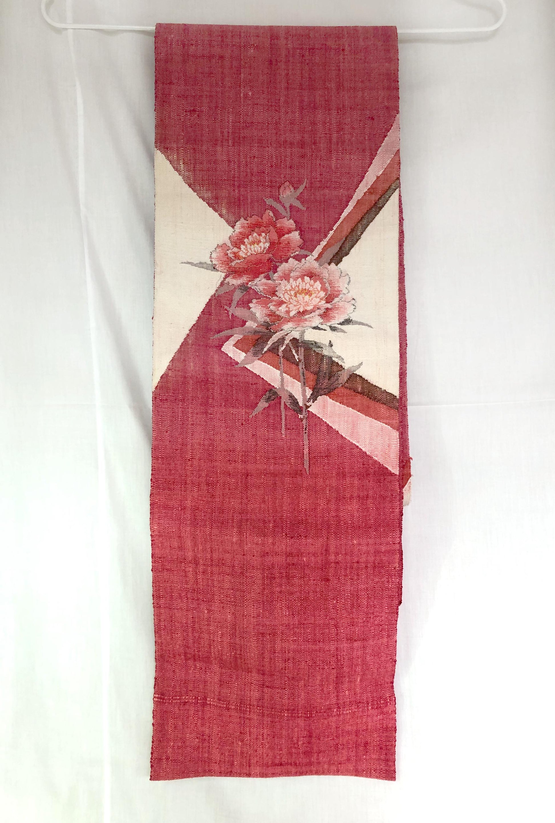 Refined Nagoya obi - textured pink and cream peonies