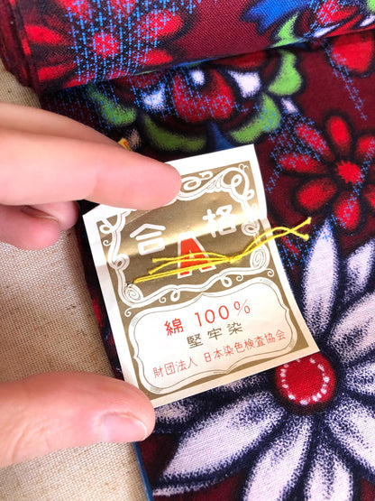 Vintage tanmono - fabric bolt - vivid red, blue, and green florals "Benifuji meisen"