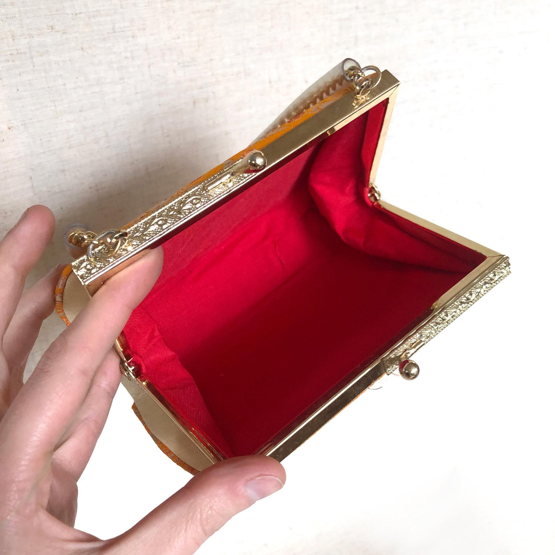 Vintage kimono handbag for children - vivid orange with crane birds pattern