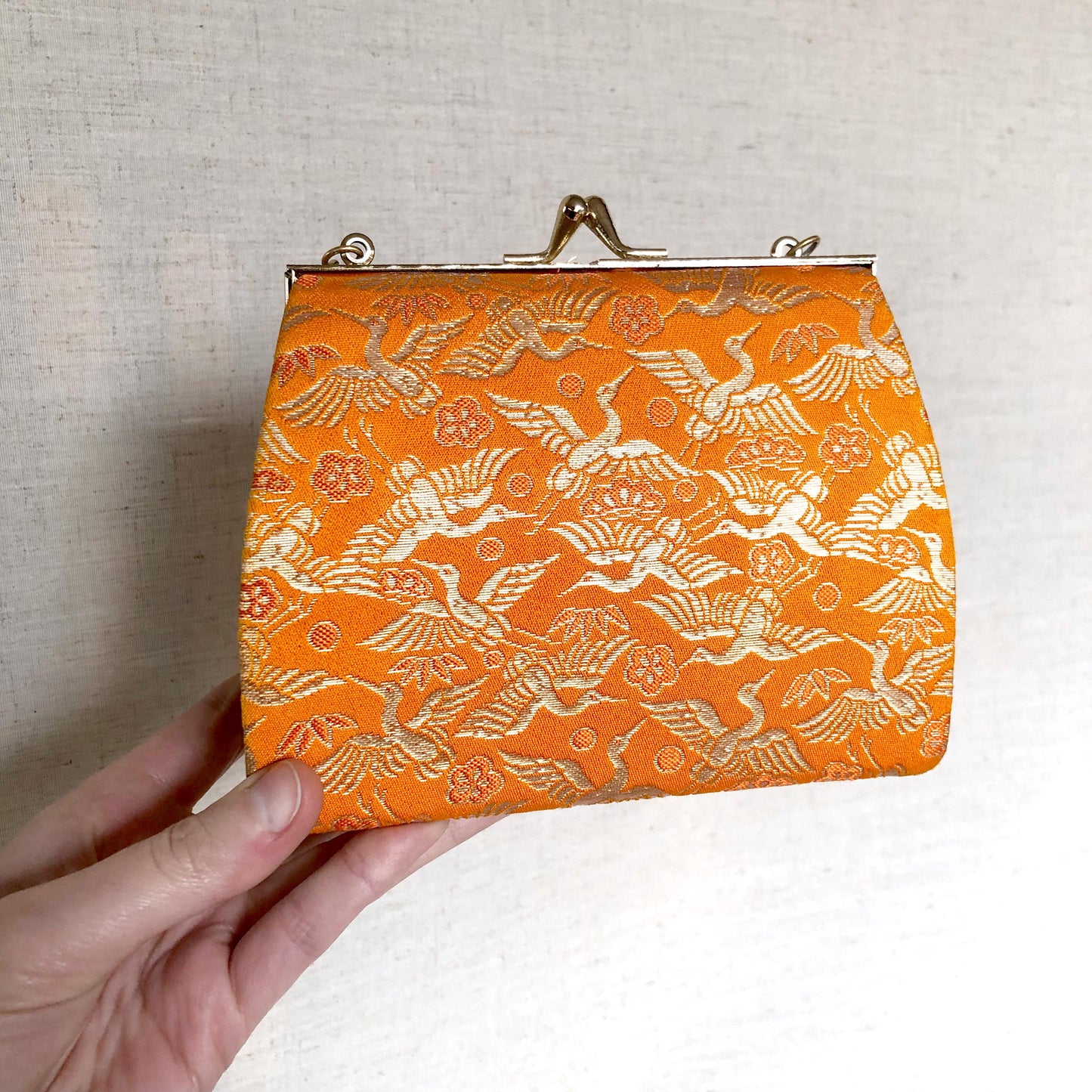 Vintage kimono handbag for children - vivid orange with crane birds pattern
