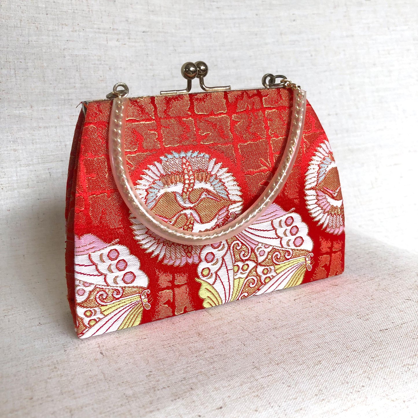 Vintage kimono handbag for children - red with pastel kamon pattern