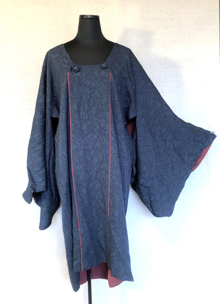 Vintage Japanese kimono coat michiyuki - elegant blue and red with floral buttons