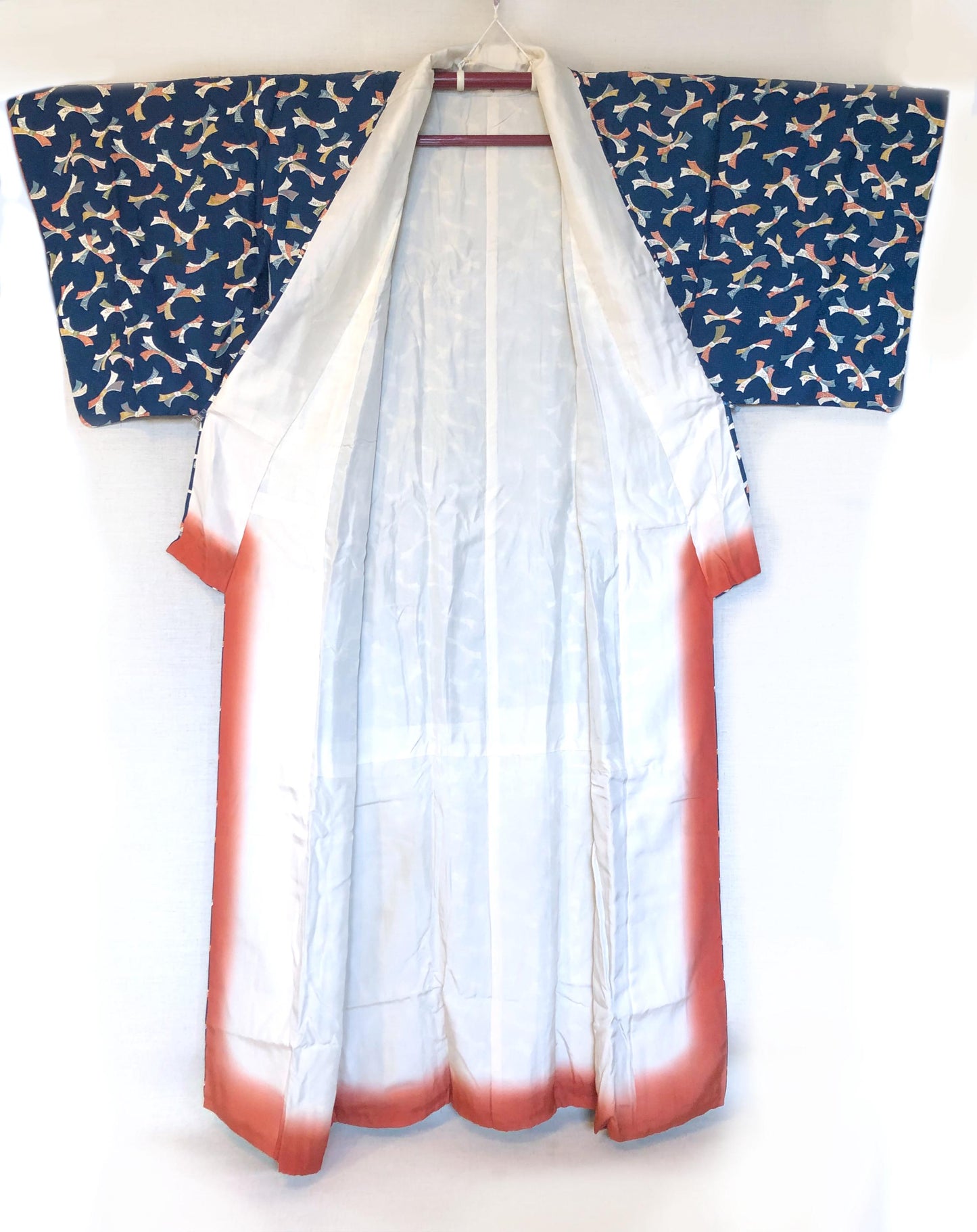 Vintage kimono - sea blue with colorful ribbons pattern