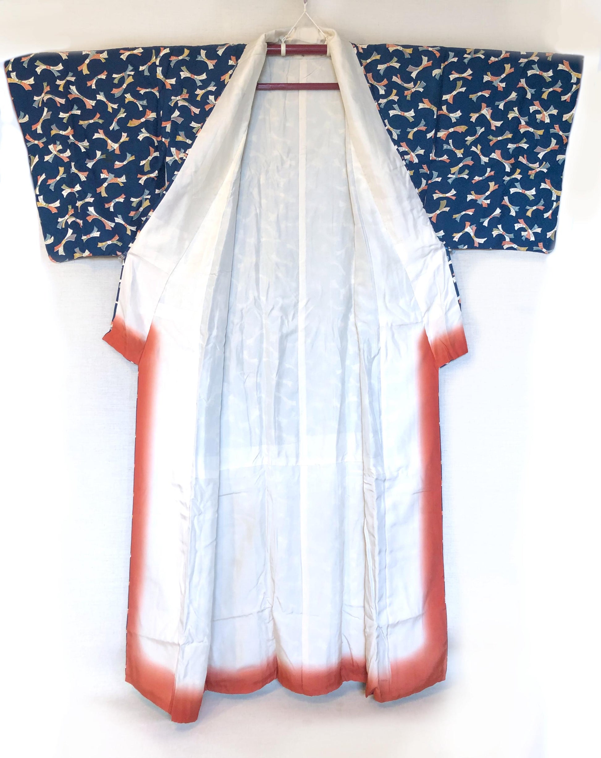 Vintage kimono - sea blue with colorful ribbons pattern