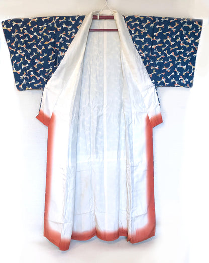 Vintage kimono - sea blue with colorful ribbons pattern