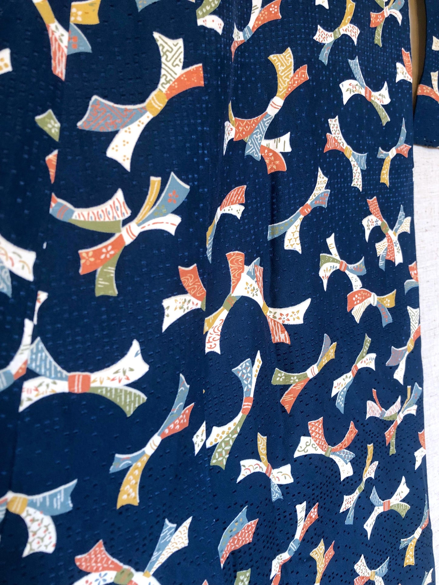 Vintage kimono - sea blue with colorful ribbons pattern