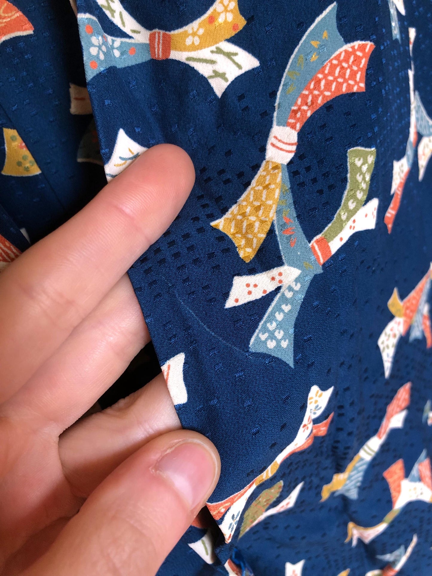 Vintage kimono - sea blue with colorful ribbons pattern