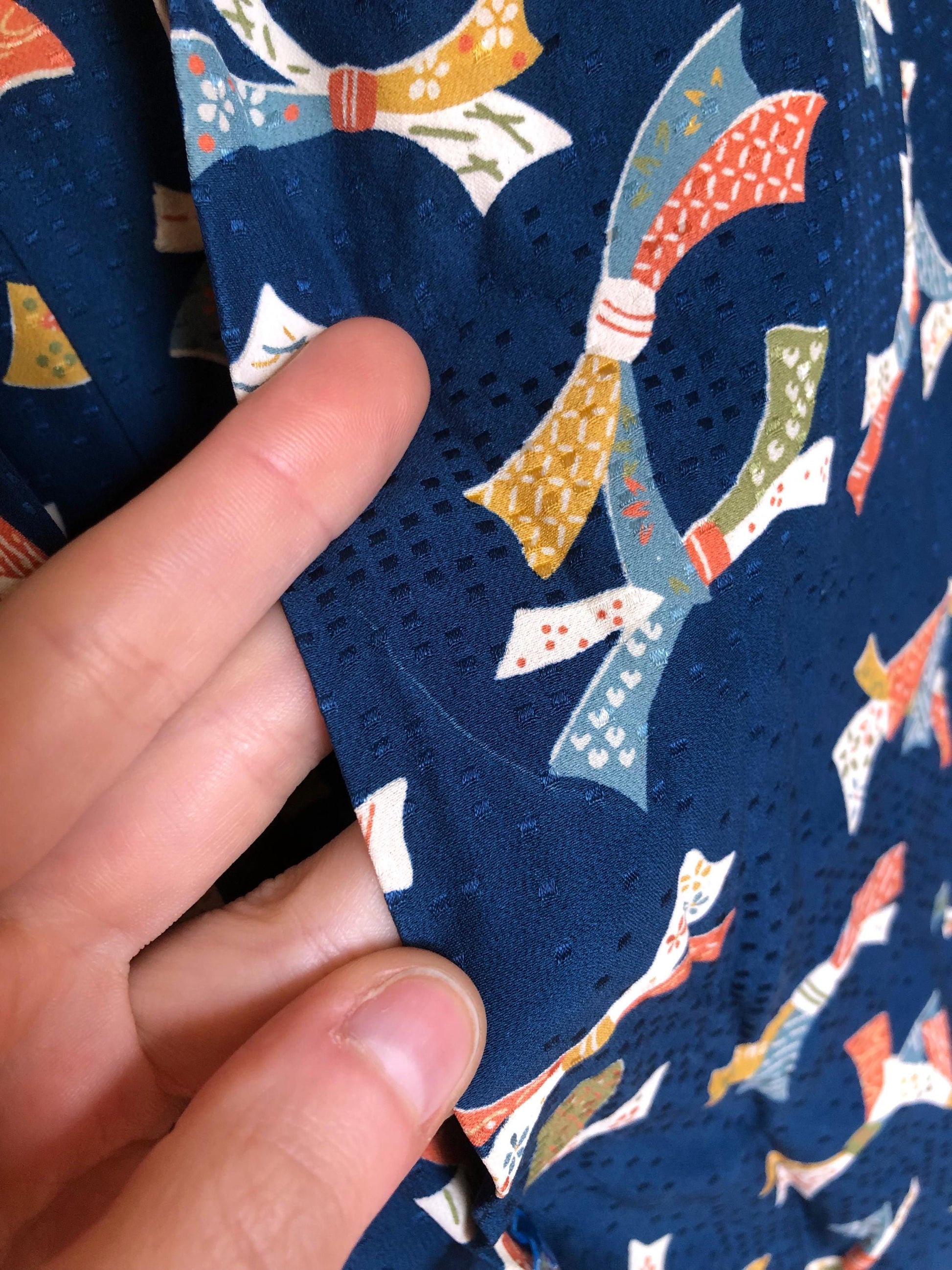 Vintage kimono - sea blue with colorful ribbons pattern
