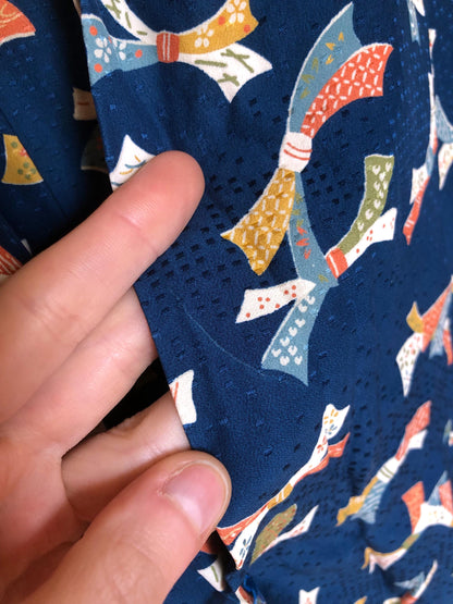 Vintage kimono - sea blue with colorful ribbons pattern