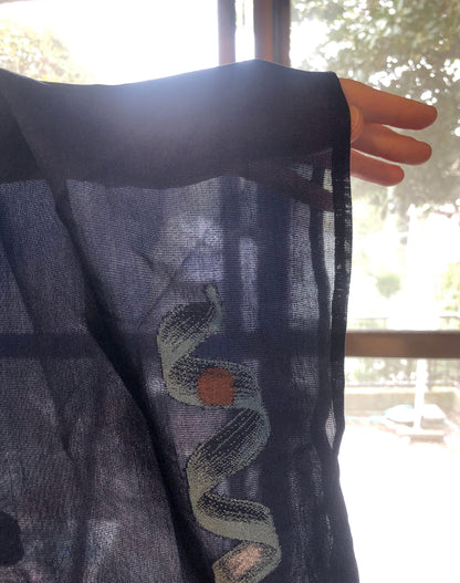 Vintage Japanese summer kimono - see through dark blue with light blue ribbons pattern