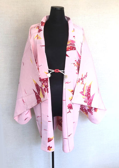 Vintage Japanese kimono coat haori - light pink with village houses
