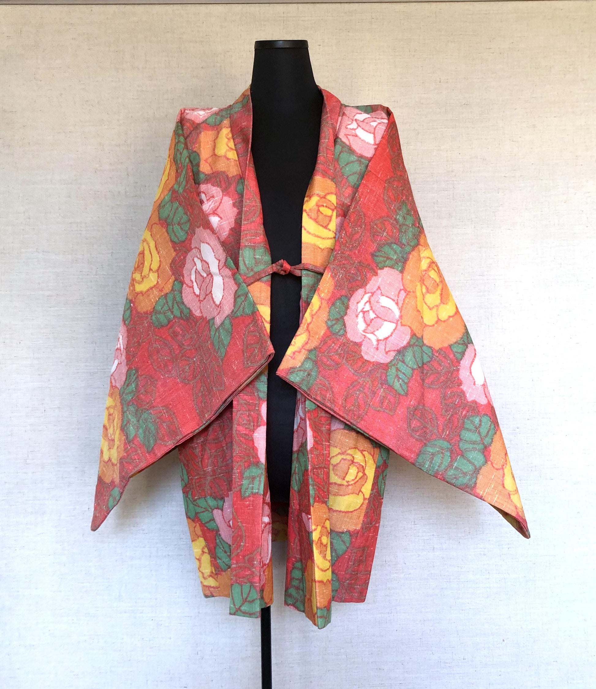 Cute kimono set - casual kimono and a matching haori - coral pink with roses