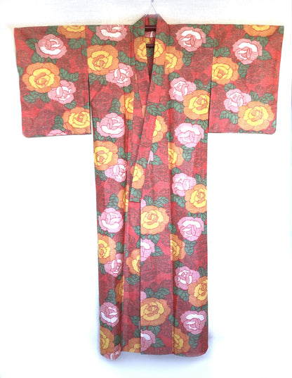 Cute kimono set - casual kimono and a matching haori - coral pink with roses