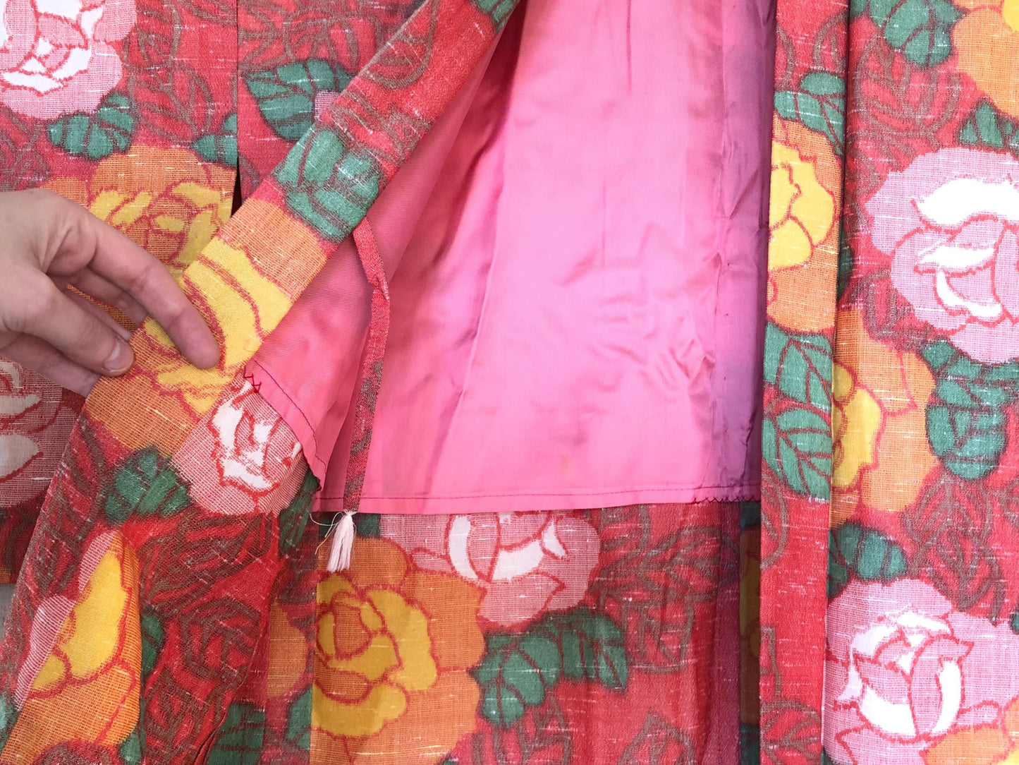 Cute kimono set - casual kimono and a matching haori - coral pink with roses