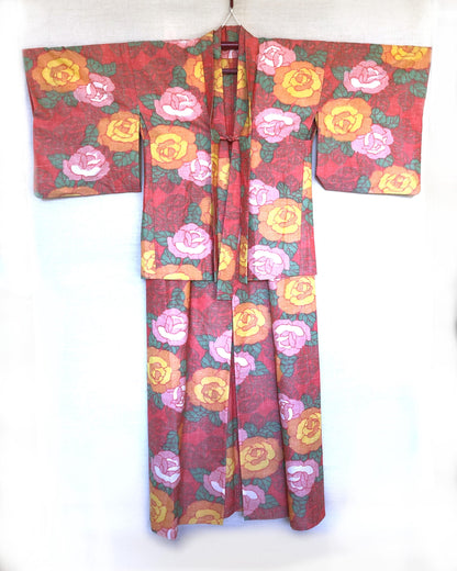 Cute kimono set - casual kimono and a matching haori - coral pink with roses