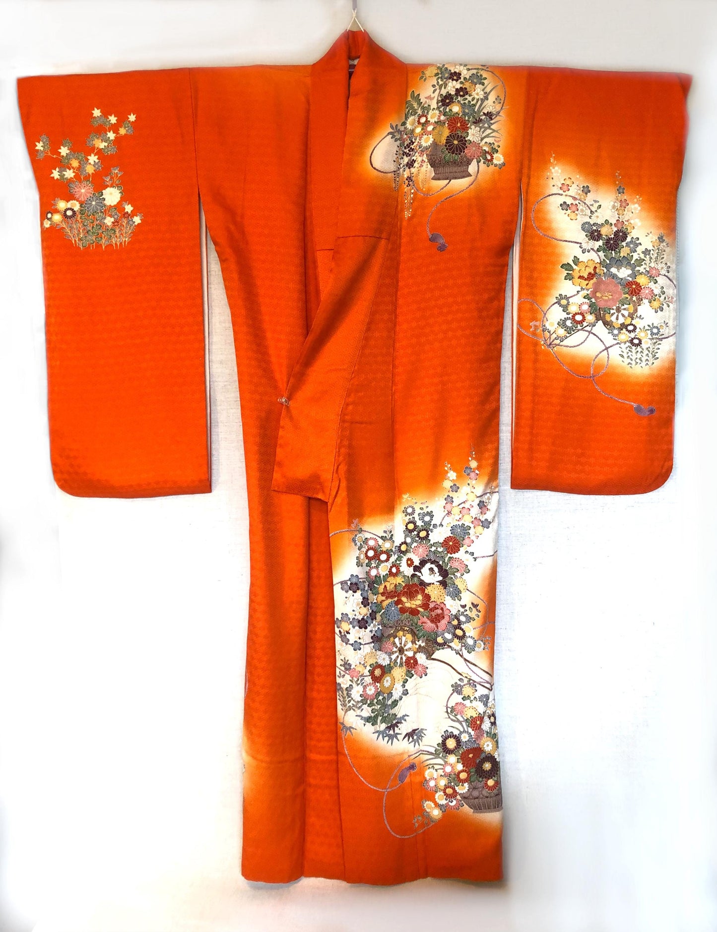 Long sleeve kimono furisode - vivid orange with colorful flower baskets