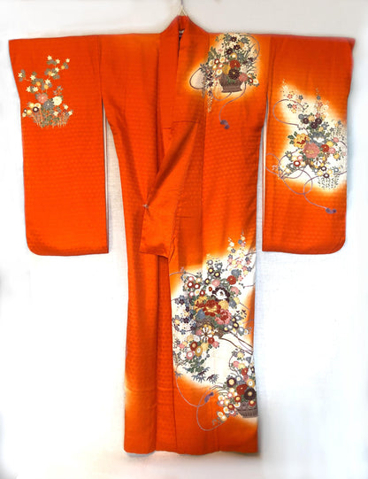 Long sleeve kimono furisode - vivid orange with colorful flower baskets
