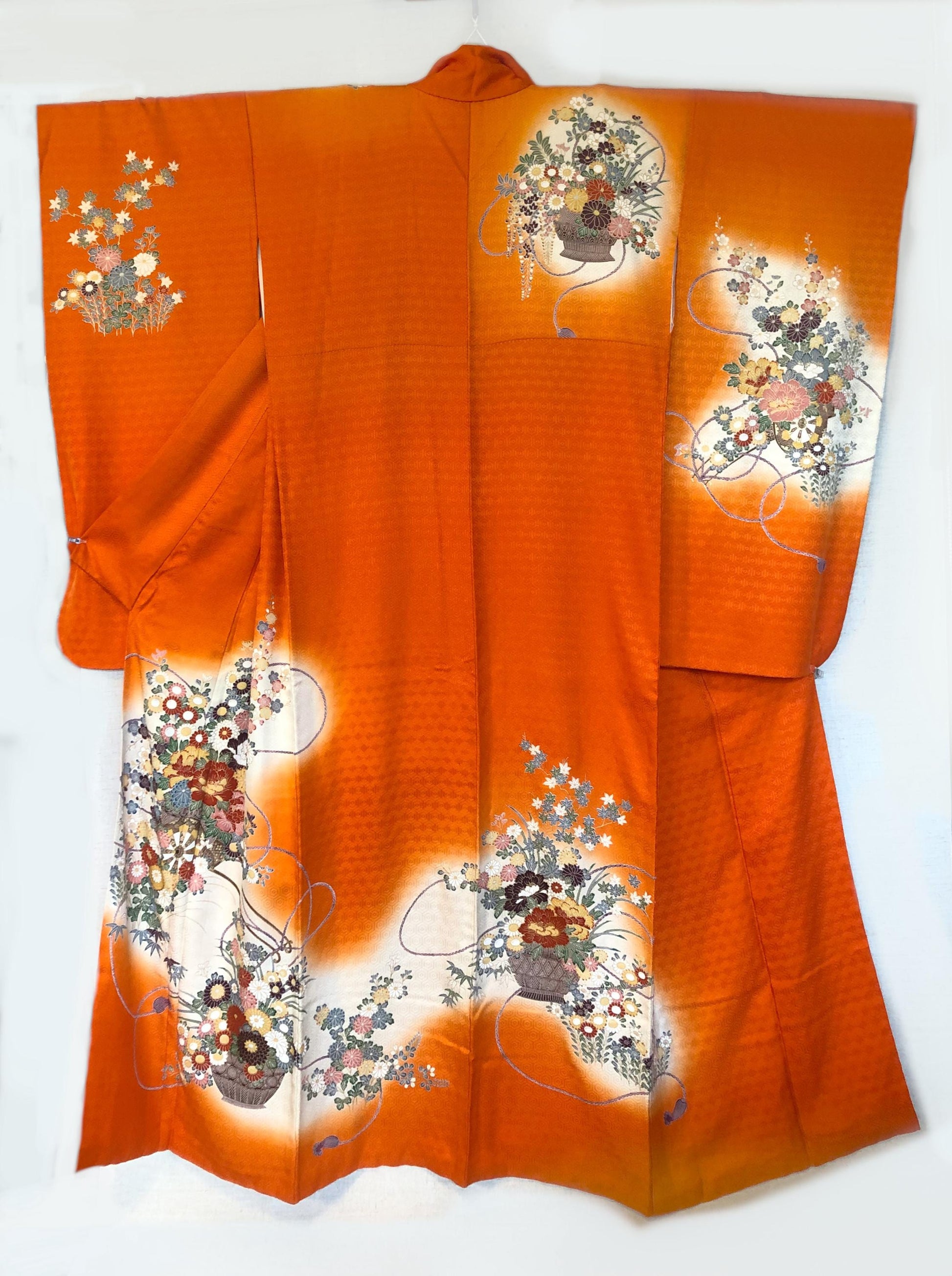 Long sleeve kimono furisode - vivid orange with colorful flower baskets