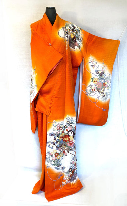 Long sleeve kimono furisode - vivid orange with colorful flower baskets