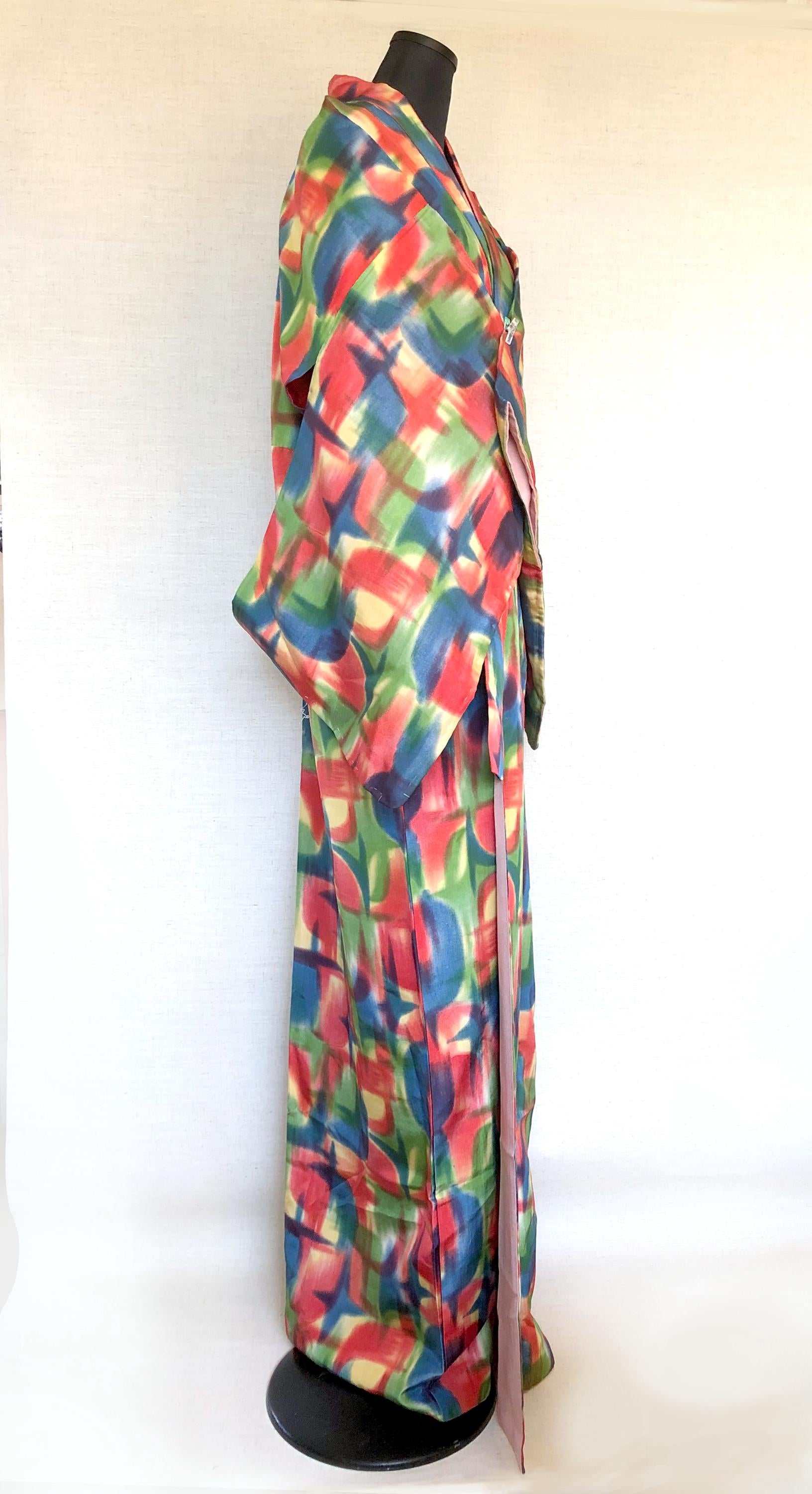 Vintage silk kimono - bright and colorful with star pattern