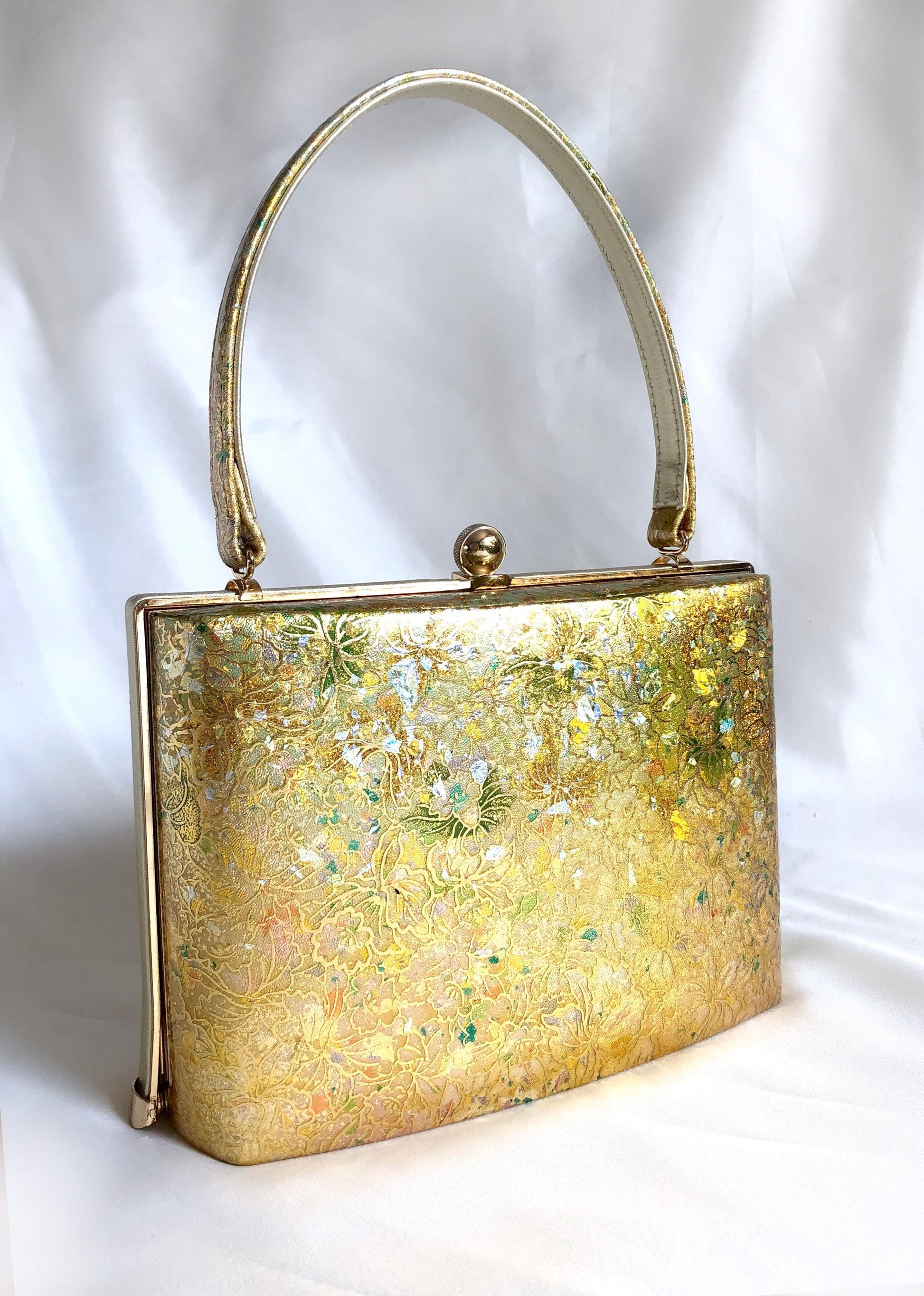 Vintage kimono handbag - golden orchids with holographic foil