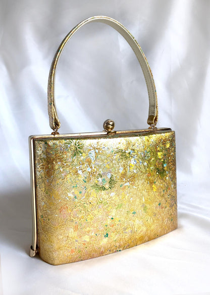 Vintage kimono handbag - golden orchids with holographic foil