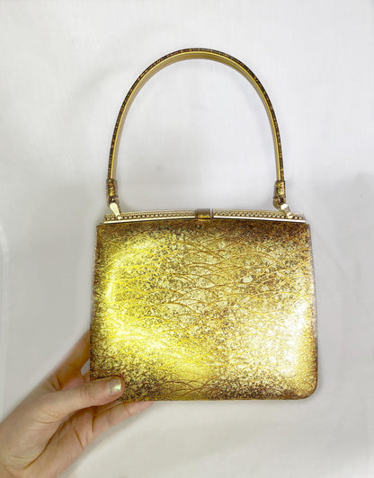 Vintage kimono handbag - golden patent leather with traditional motif