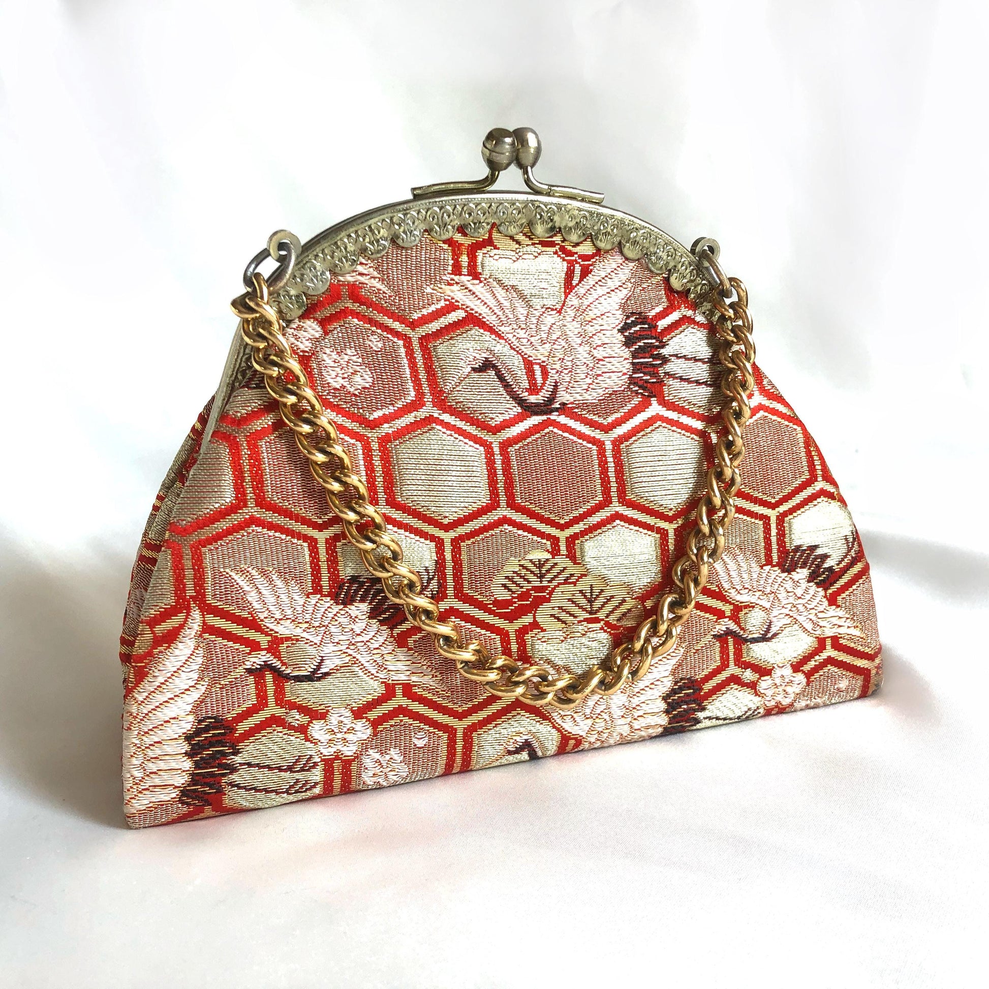 Vintage kimono handbag for children - golden and red with a flock of cranes