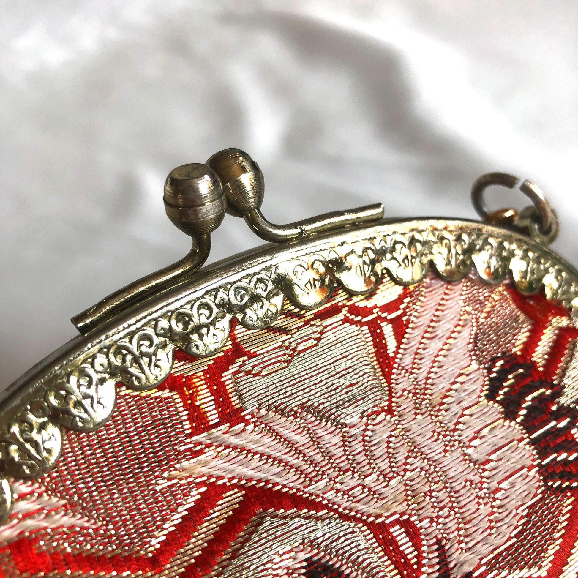 Vintage kimono handbag for children - golden and red with a flock of cranes