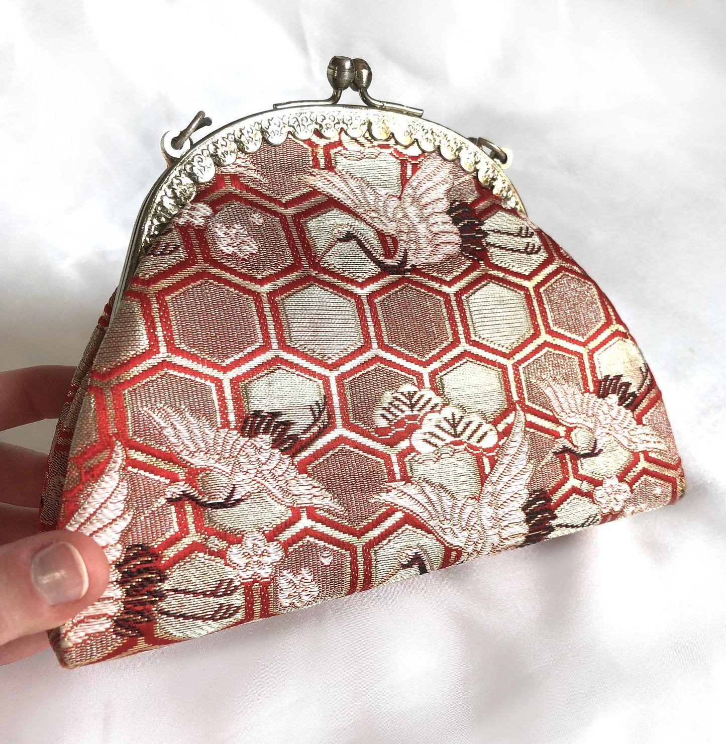 Vintage kimono handbag for children - golden and red with a flock of cranes