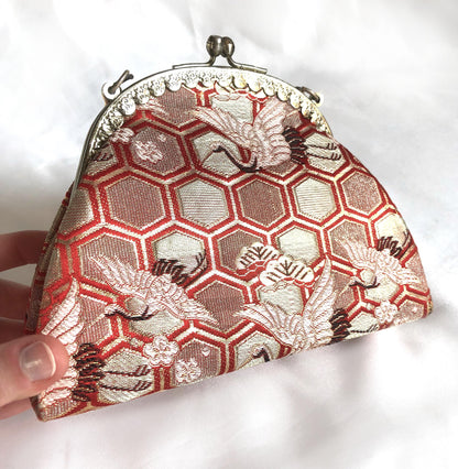 Vintage kimono handbag for children - golden and red with a flock of cranes