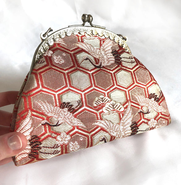 Vintage kimono handbag for children - golden and red with a flock of cranes