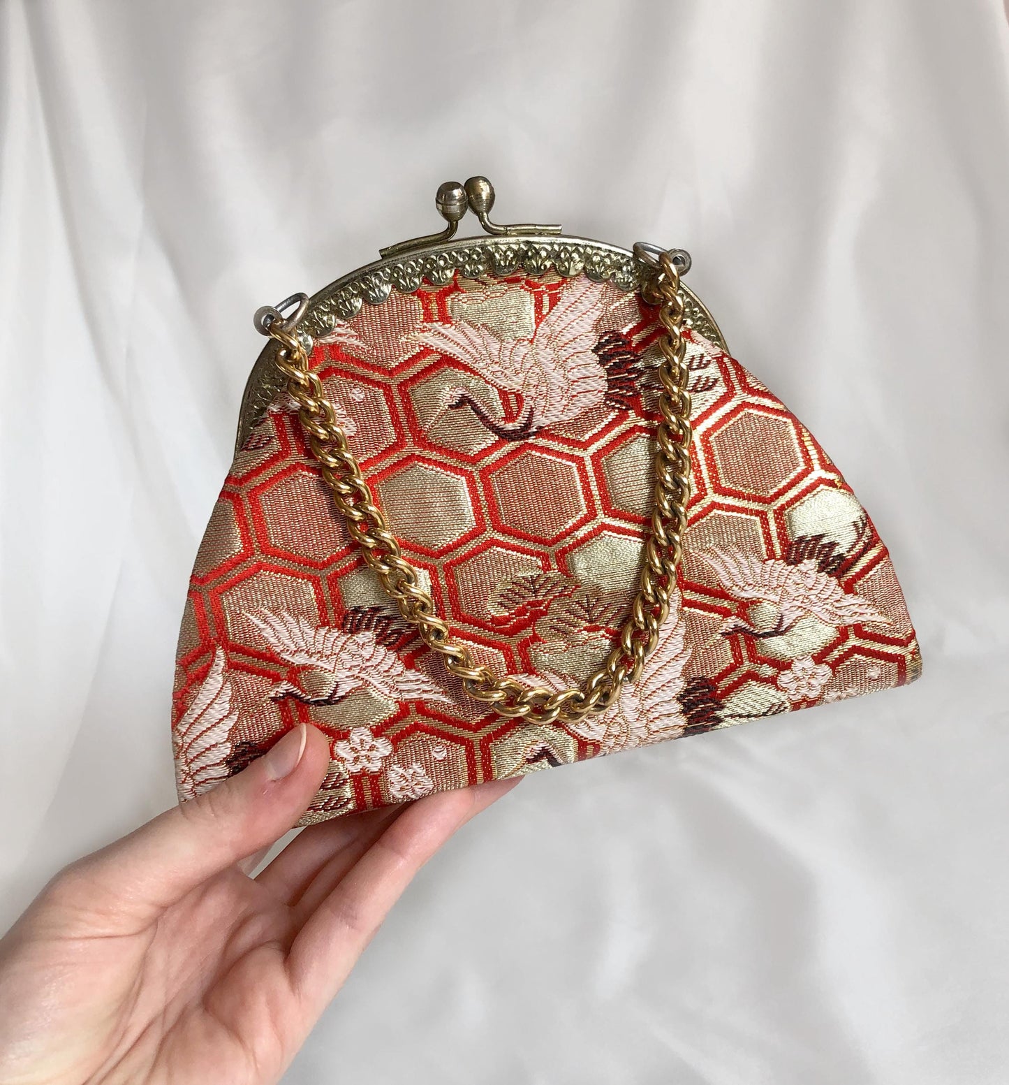 Vintage kimono handbag for children - golden and red with a flock of cranes