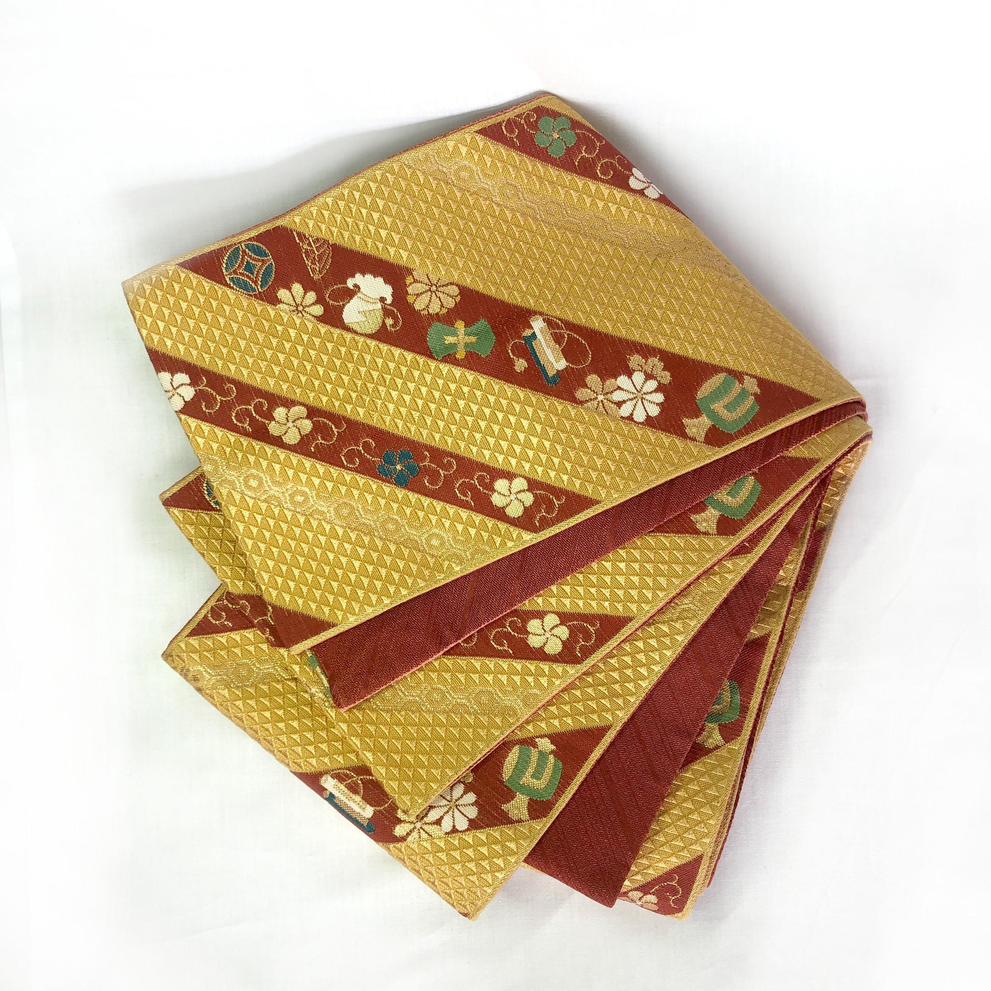 Reversible Japanese hanhaba obi - red and yellow with auspicious symbols