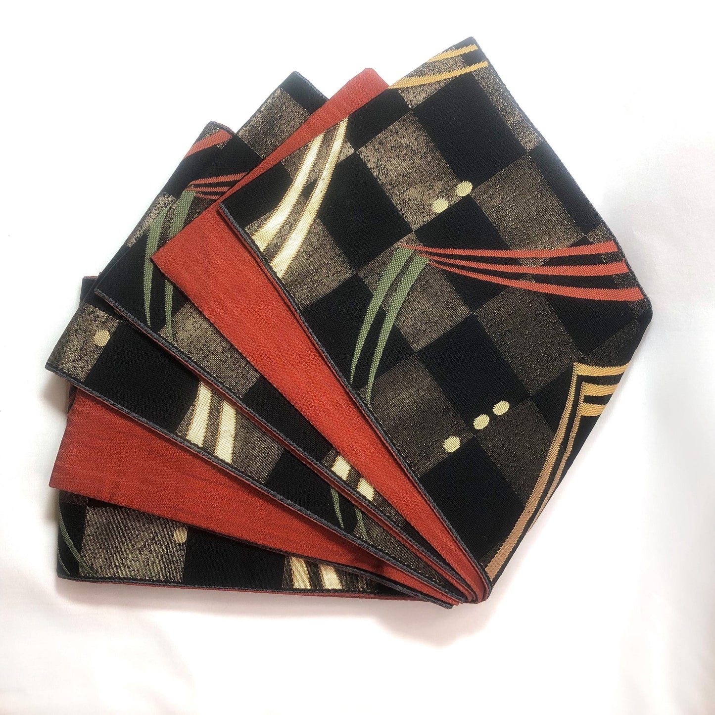 Reversible Japanese hanhaba obi - black and red with abstract pattern
