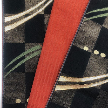 Reversible Japanese hanhaba obi - black and red with abstract pattern