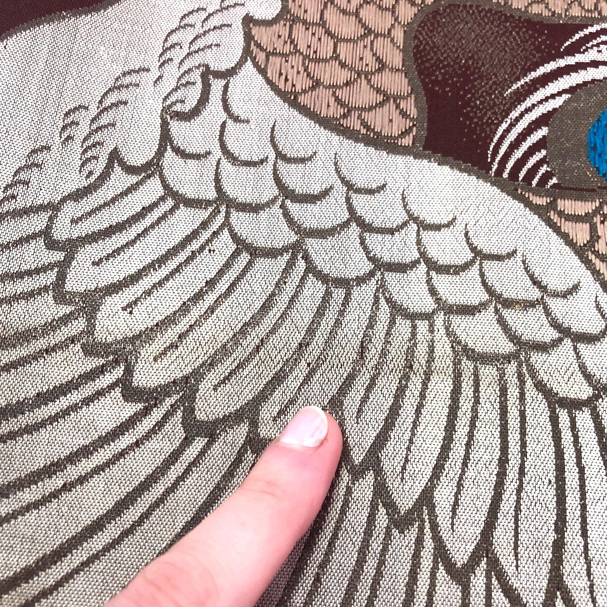 Vintage Japanese maru obi - brown, teal, and white peacocks