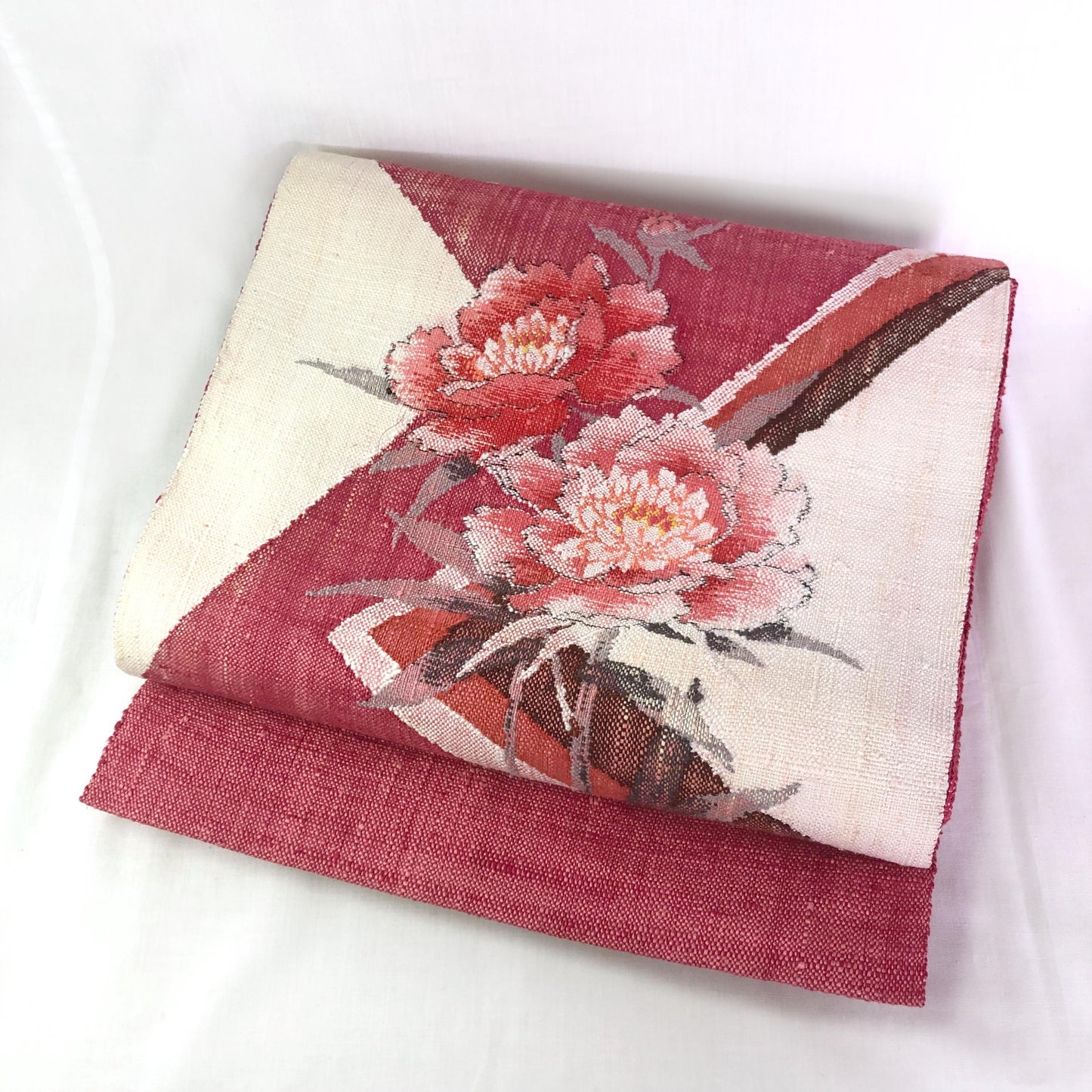 Refined Nagoya obi - textured pink and cream peonies