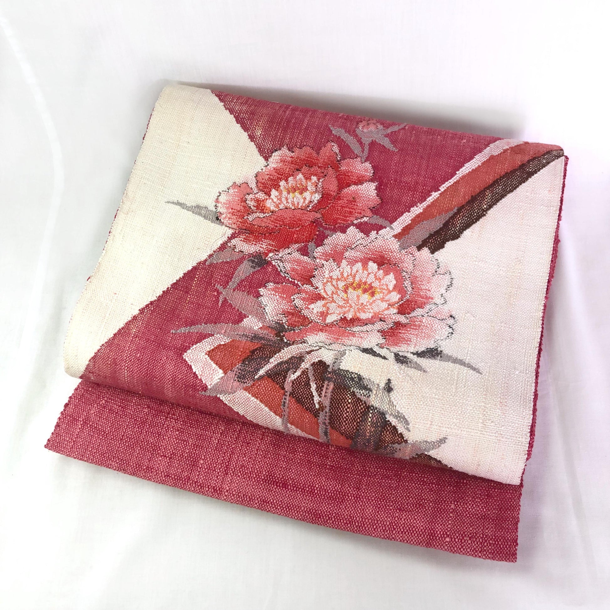 Refined Nagoya obi - textured pink and cream peonies