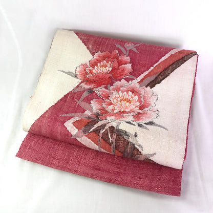 Refined Nagoya obi - textured pink and cream peonies