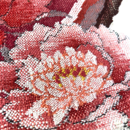 Refined Nagoya obi - textured pink and cream peonies